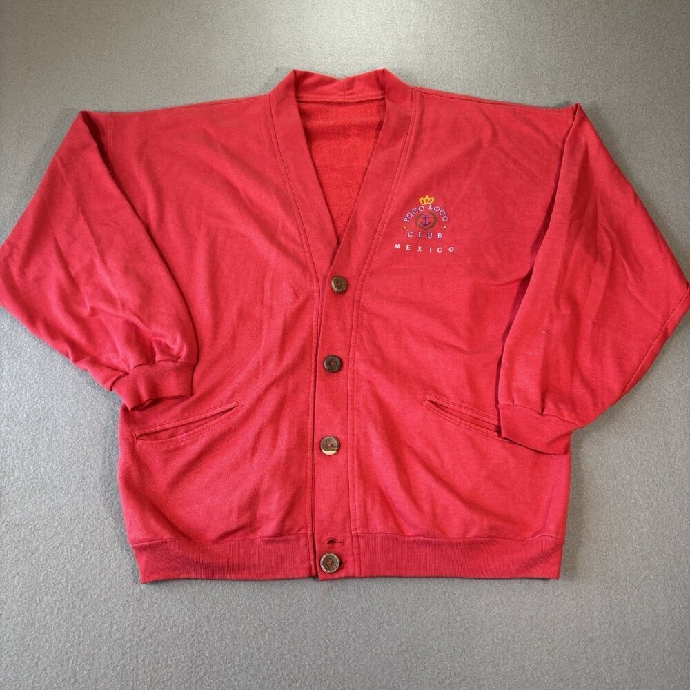 Vintage‎ Poco Loco Club Mens Cardigan Red Double Sided Deor M.R. 90s Boat Anchor